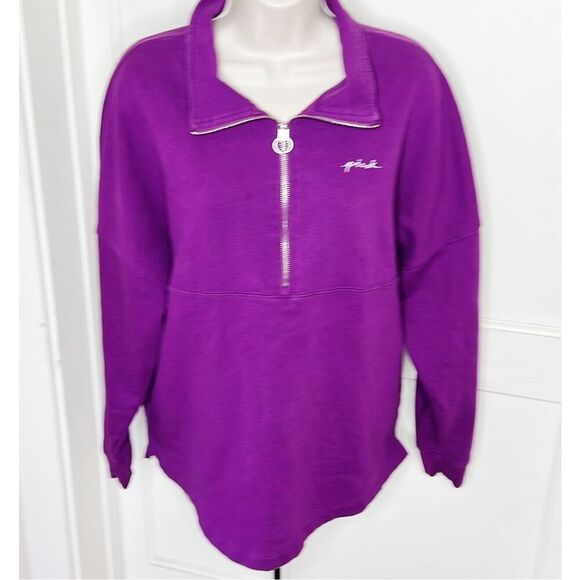 PINK Victoria's Secret Quarter Zip Purple Sweatshirt With Shine/Glitter Logo Med - Picture 2 of 7